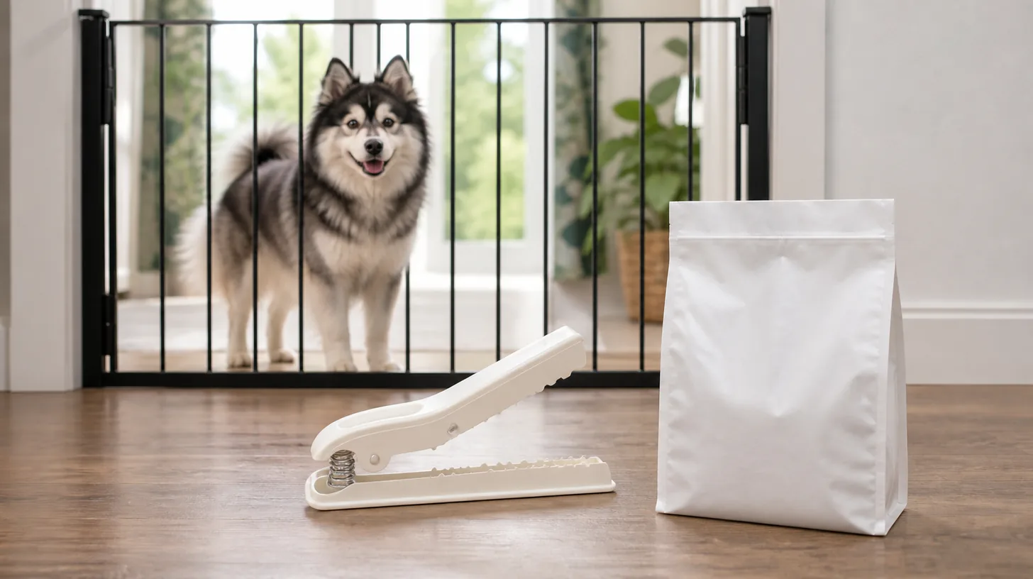A clean spring sealing clip rests beside a closed plain bag away from a gated Pomsky