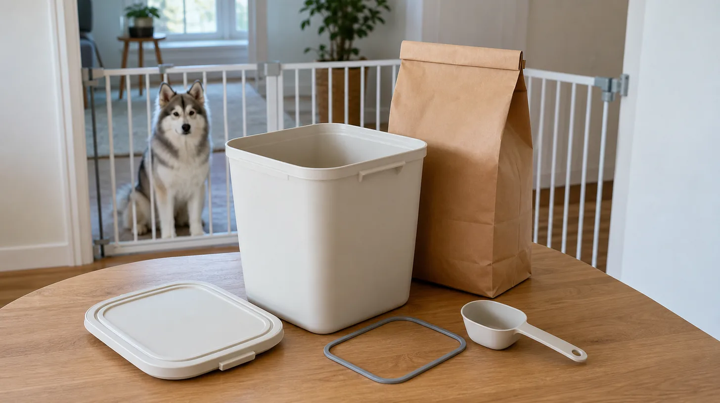 An empty food bin, lid, gasket and scoop are inspected while a Pomsky waits behind a gate