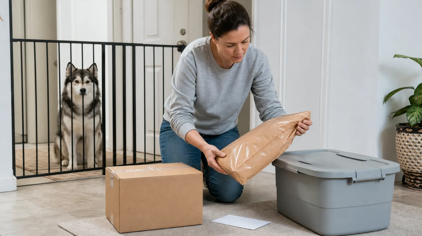 Caregiver inspects an unbranded sealed food package beside a shipping box and quarantine bin while a Pomsky waits behind a gate