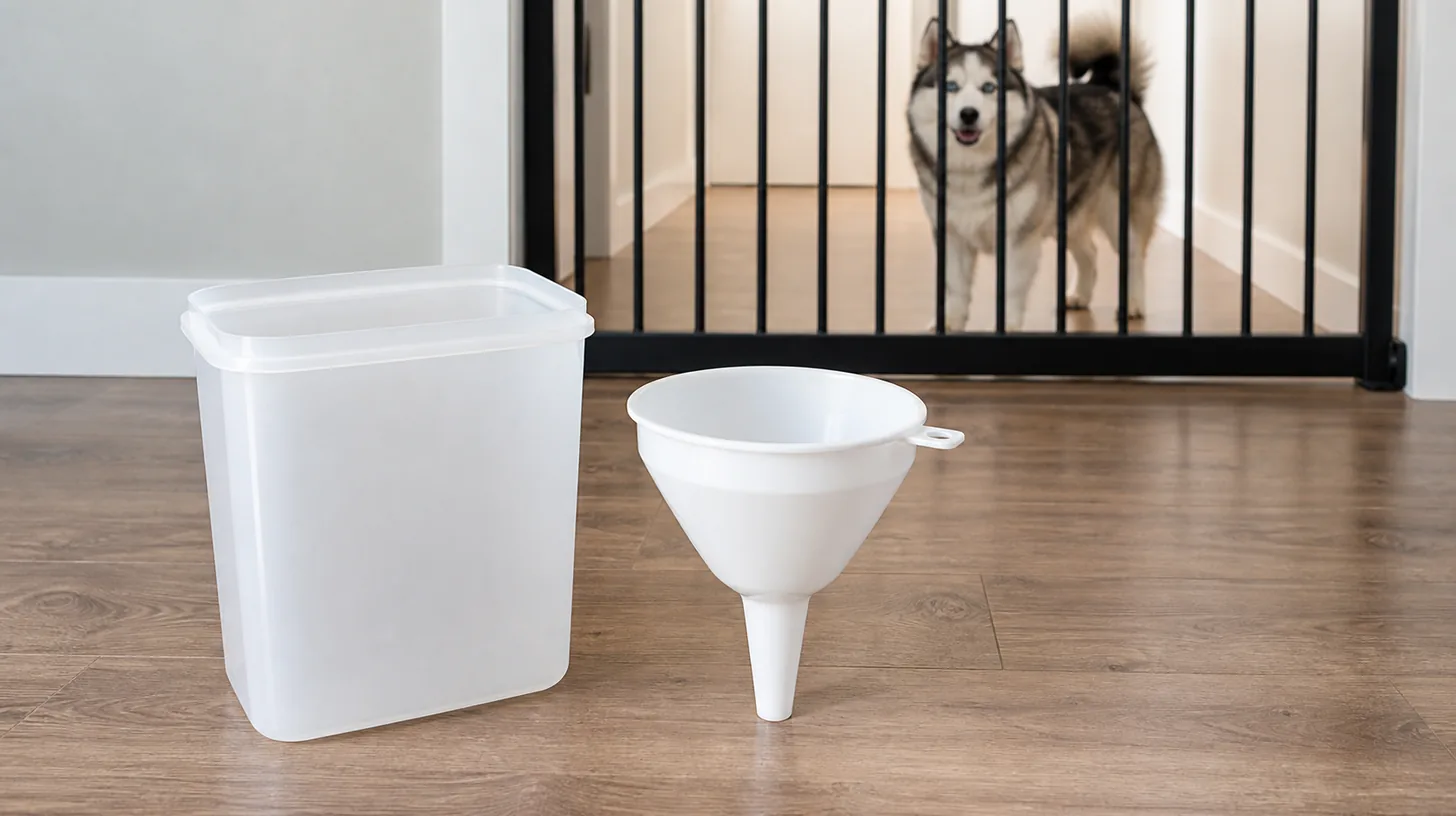 A clean empty food funnel stands beside an empty container away from a gated Pomsky