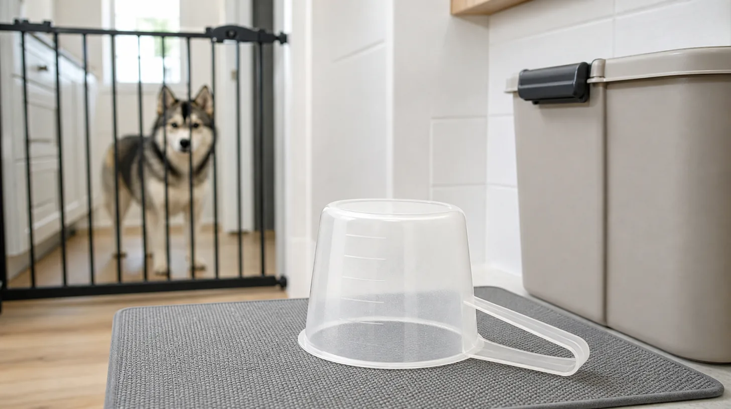 An empty translucent food measuring cup dries beside a closed bin away from a gated Pomsky