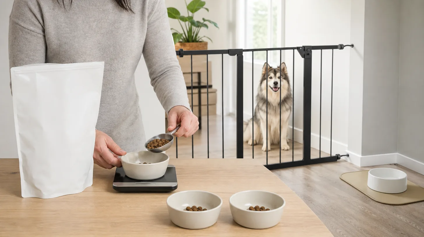 A caregiver weighs repeated portions of dry dog food while a Pomsky waits behind a closed gate