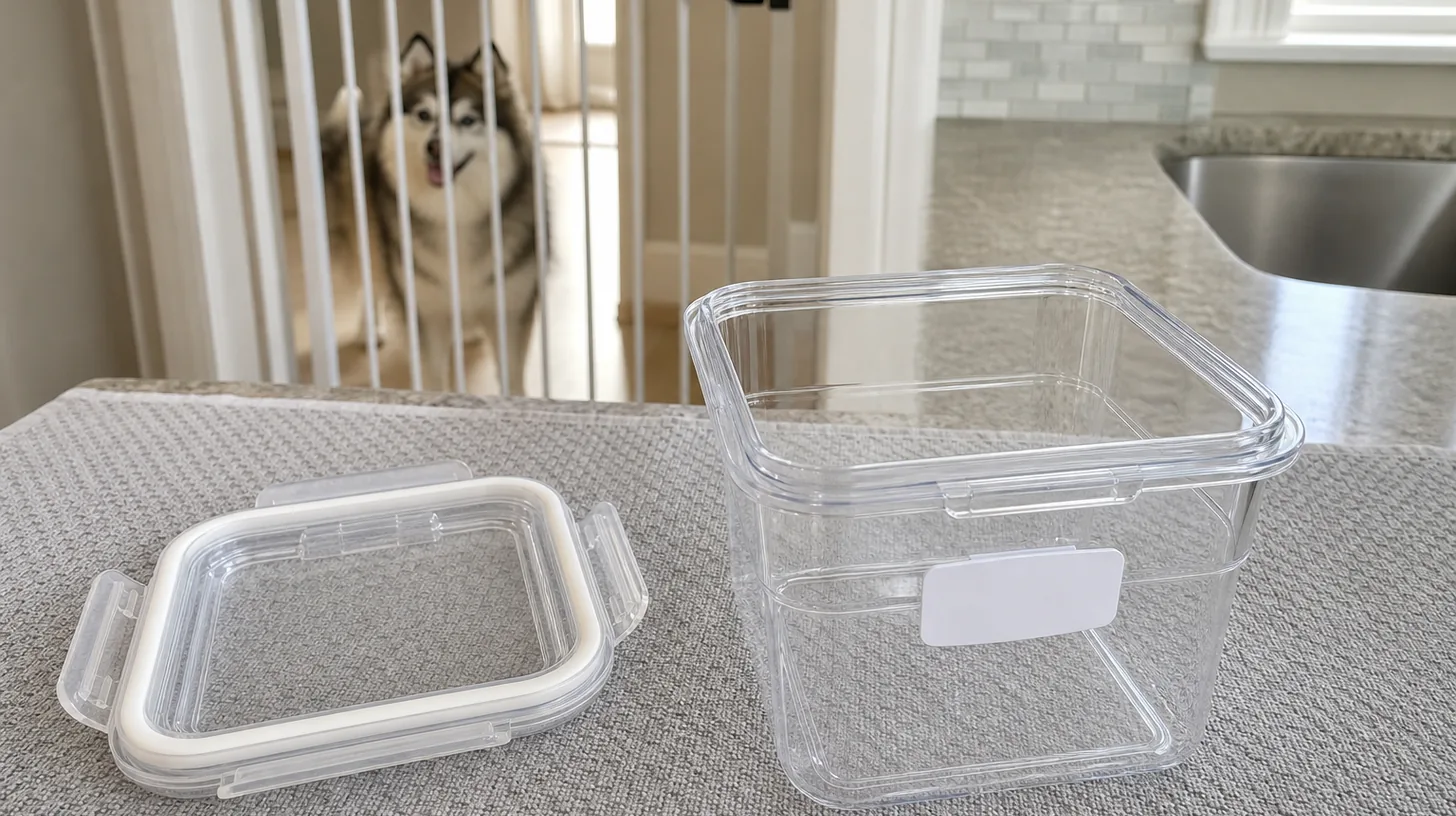 Clean dry reusable food container, detached lid and blank label with a Pomsky behind a gate