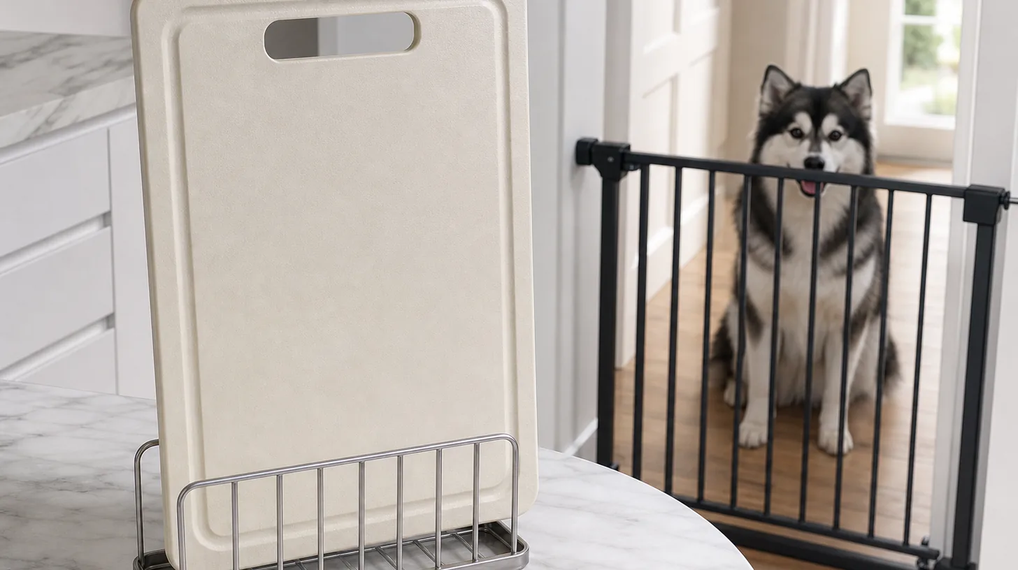 Empty dedicated food prep board drying upright with face, groove, edges and handle opening visible