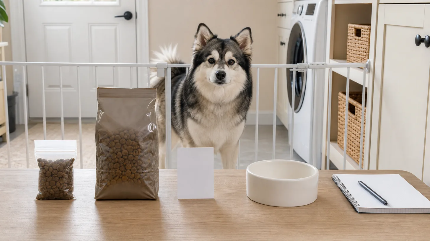 Pomsky waits behind a gate while a small sample bag and larger current-food bag remain separate beside a blank card bowl and log