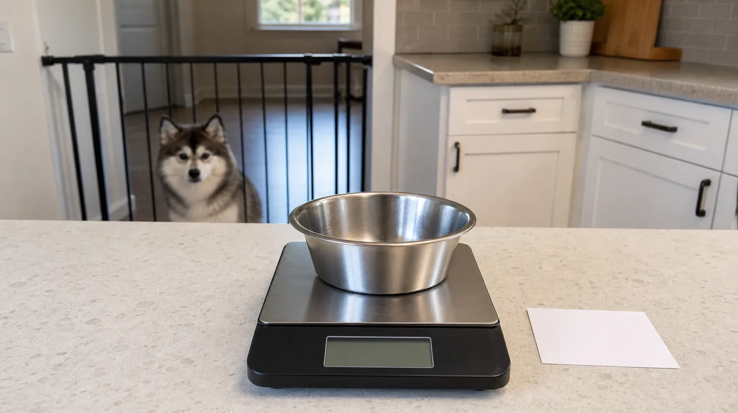 An empty bowl sits on a blank-display food scale beside a blank card while a Pomsky waits behind a gate
