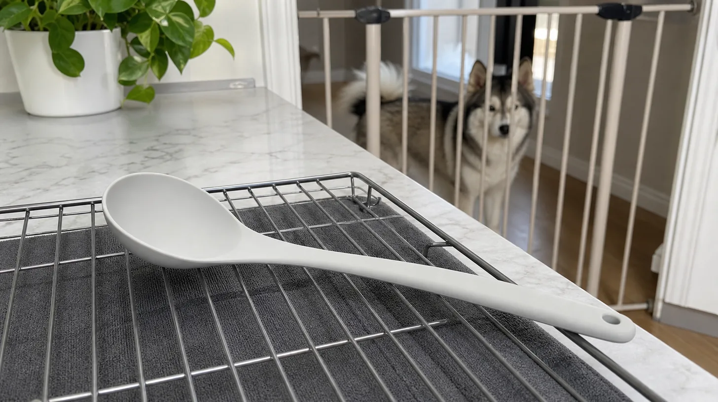 Empty reusable food serving spoon drying with bowl, neck and handle visible
