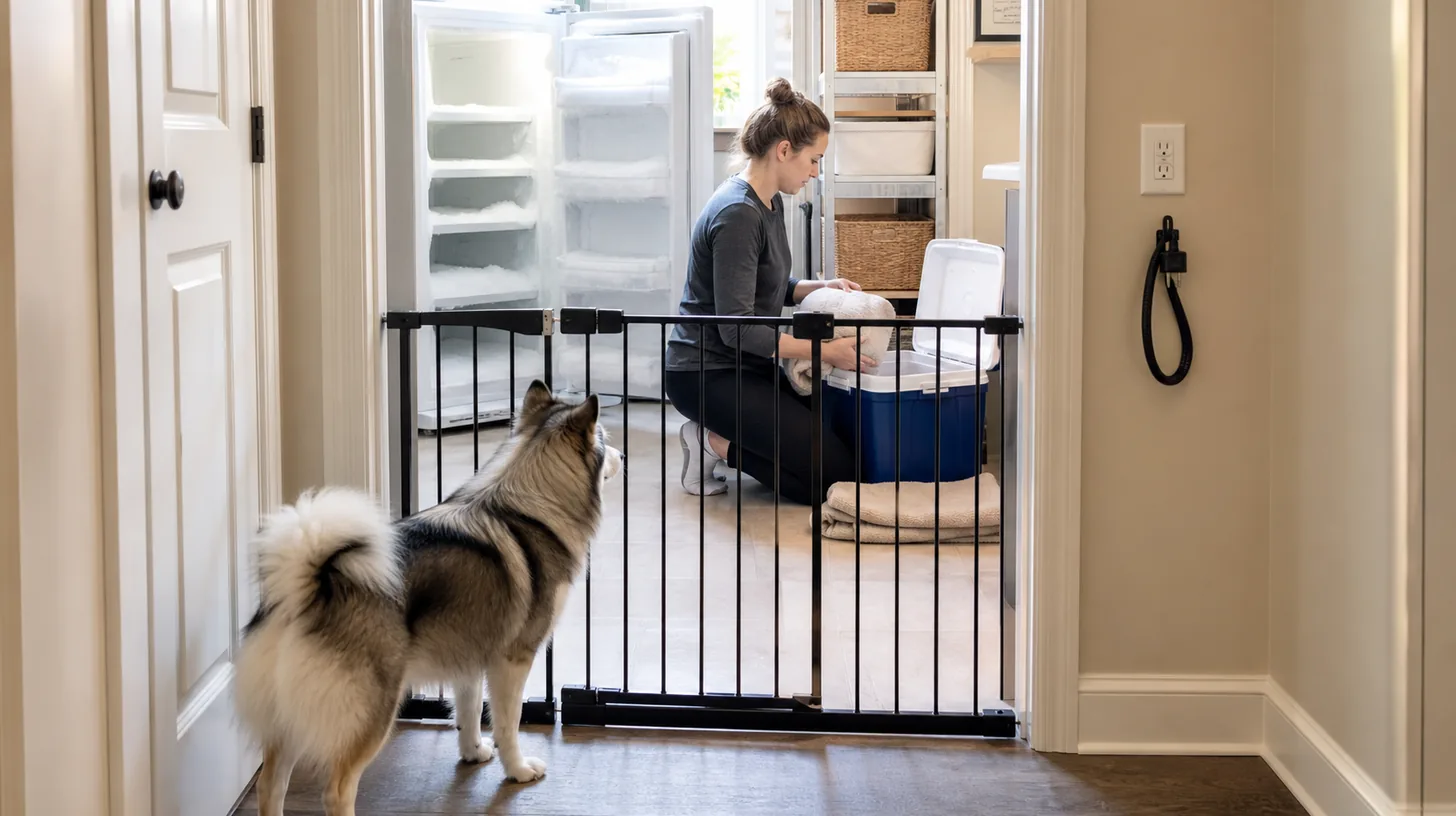 Caregiver defrosts an unplugged freezer while a Pomsky waits behind a closed gate