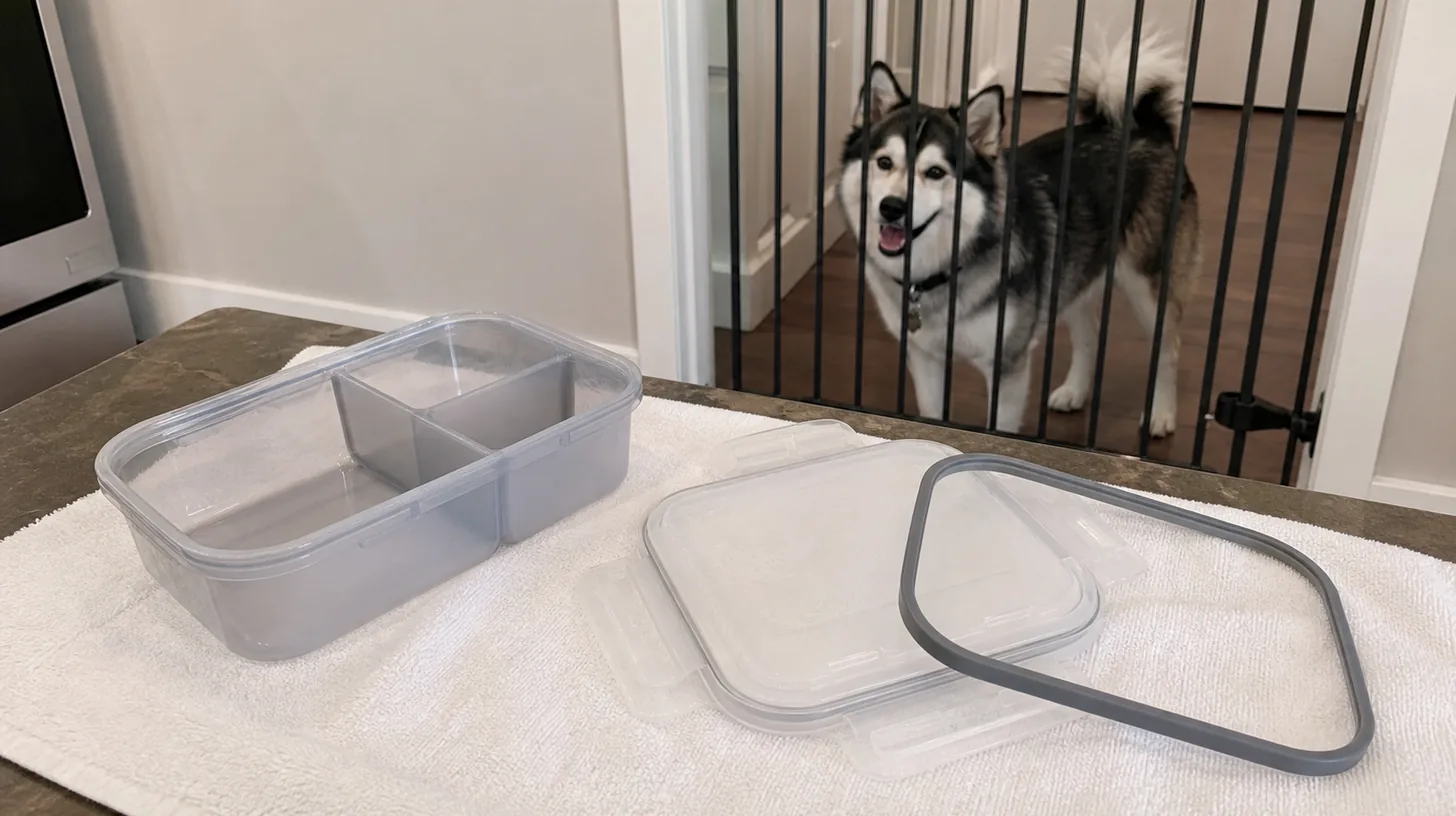 An empty reusable freezer tray, insert and lid dry on a towel away from a gated Pomsky