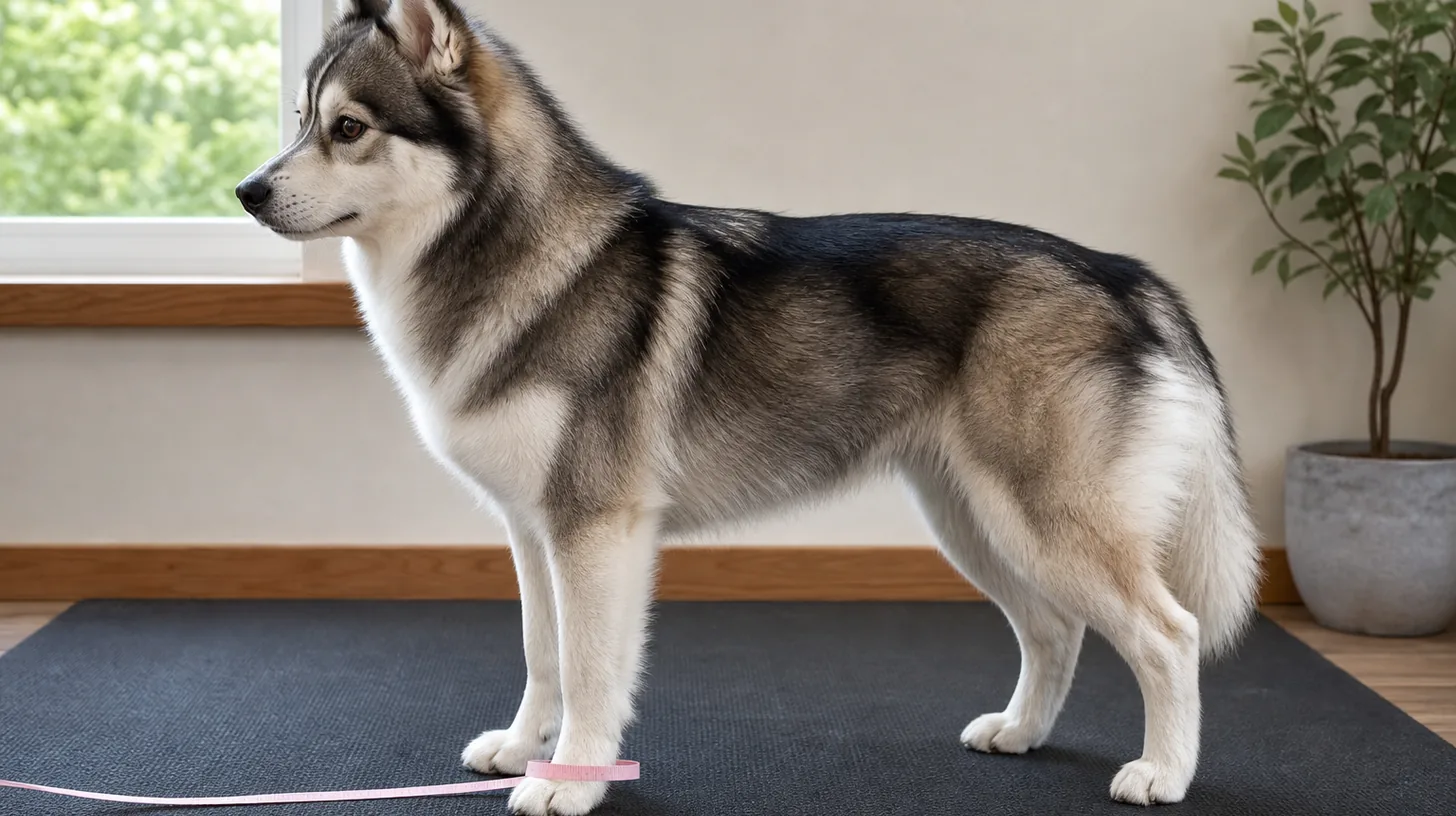 Pomsky standing square with a soft tape lightly looped around one front paw