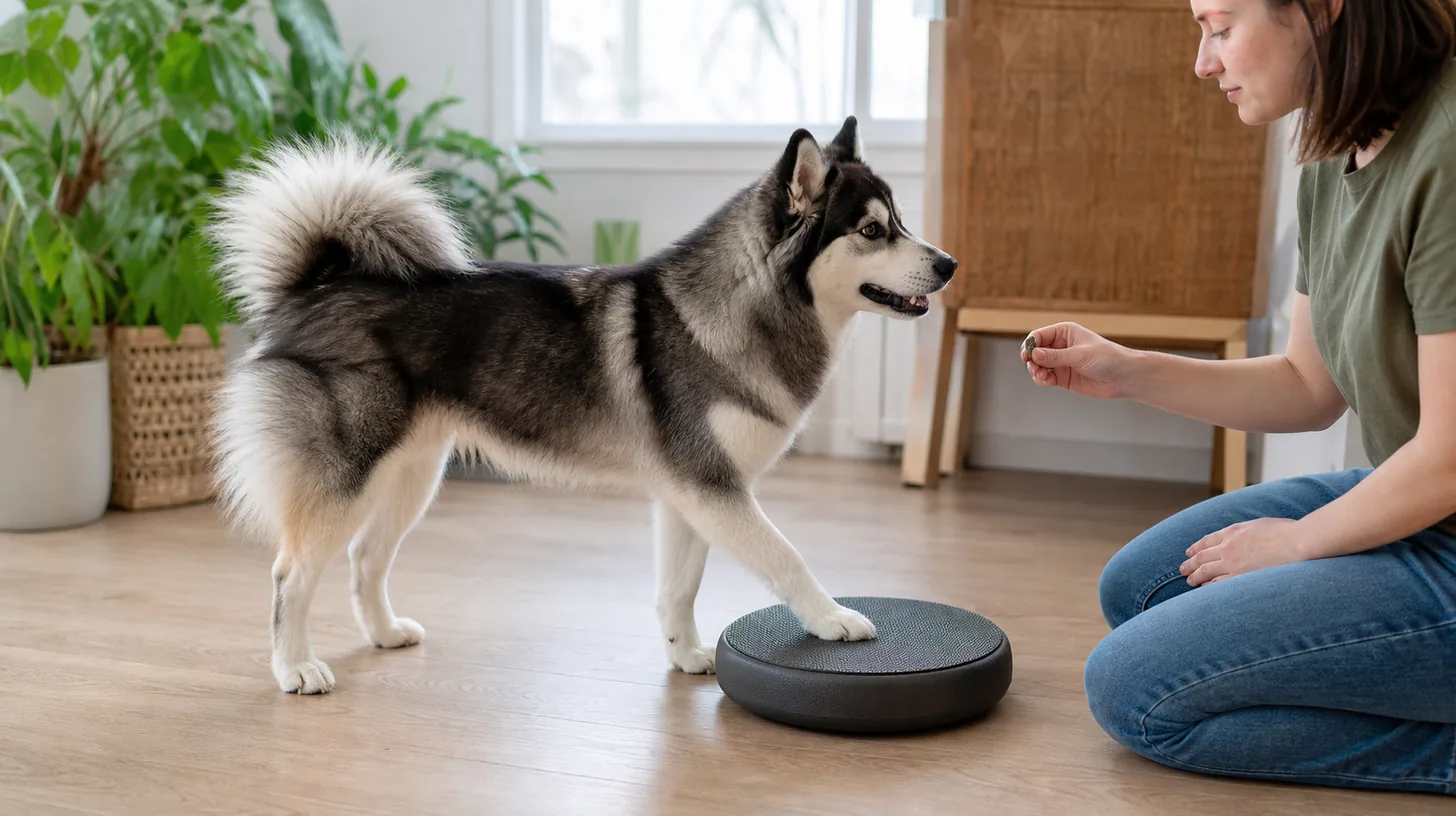 Pomsky voluntarily placing one front paw on a low stable target