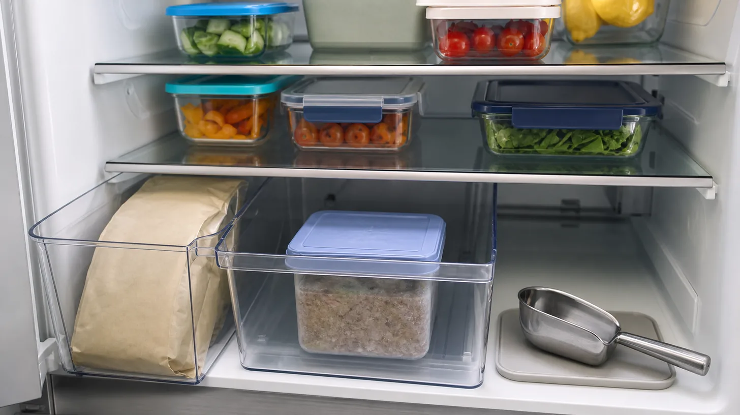 Closed plain frozen dog-food container in a dedicated refrigerator bin beside a clean portion tool