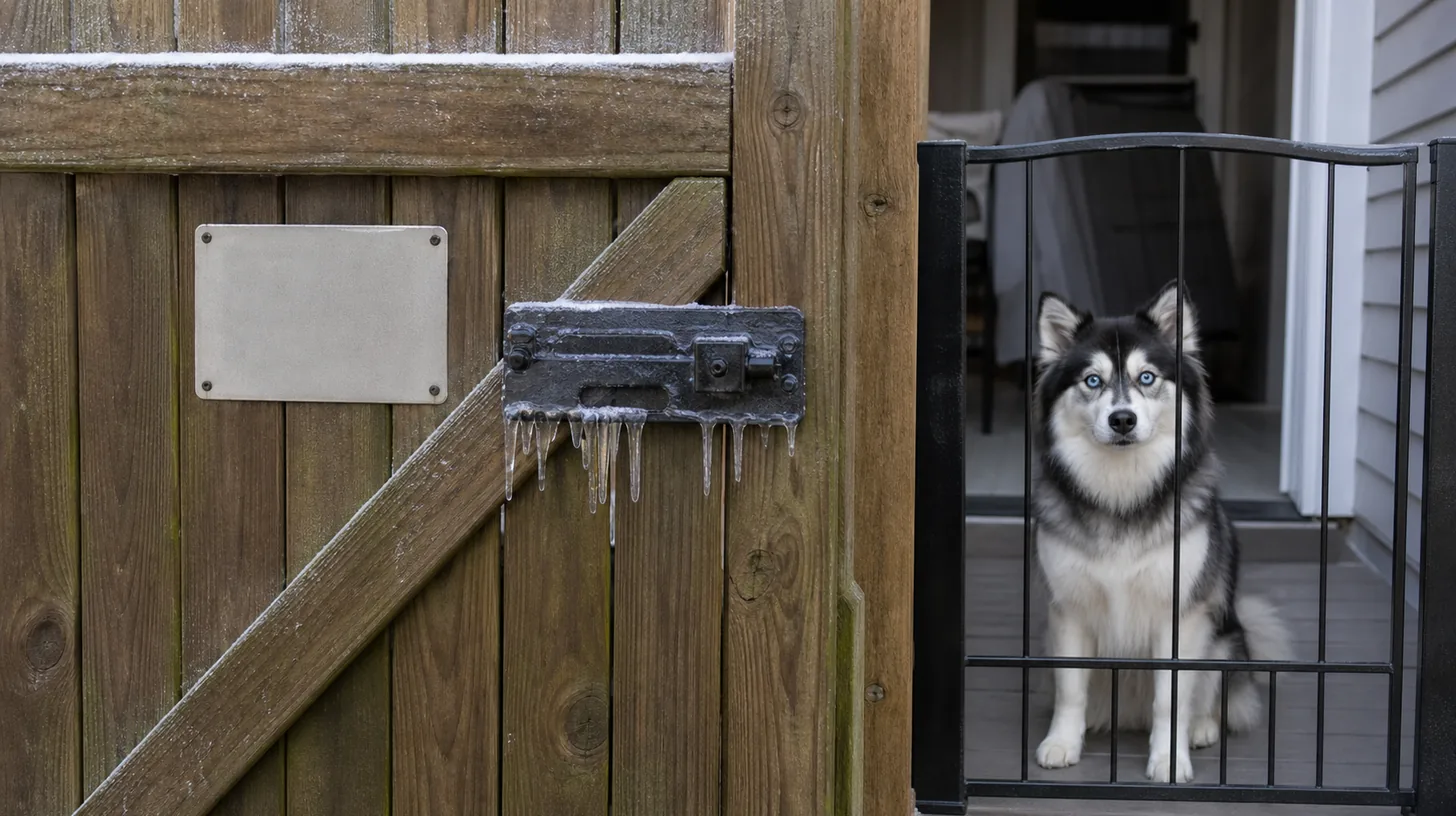 Ice coats a closed outdoor gate latch while a Pomsky waits behind a separate indoor barrier