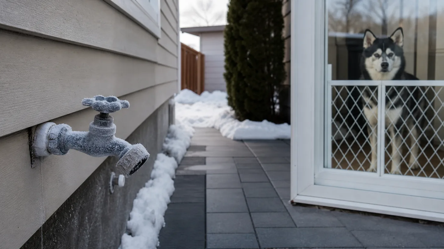 Frost covers a closed outdoor faucet while a Pomsky waits behind an indoor gate