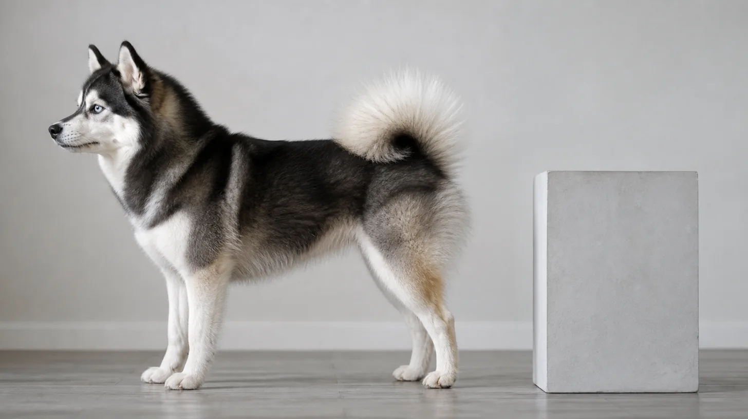 Pomsky stands in side view beside a plain rigid reference block