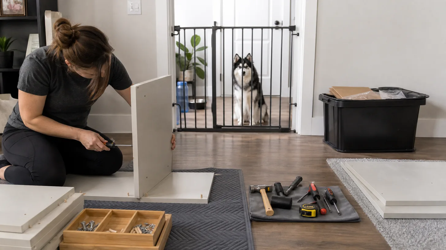 Furniture assembly area with tools and hardware contained while a Pomsky waits behind a gate