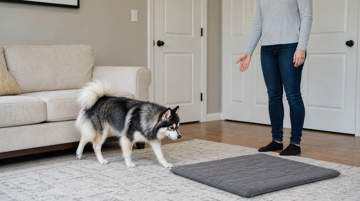 A Pomsky walks from a low sofa toward a comfortable floor mat
