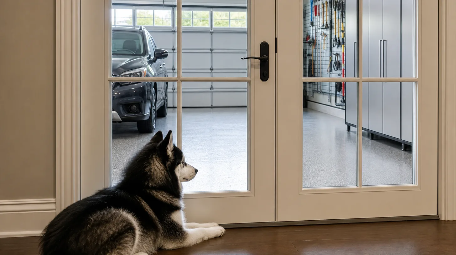 A Pomsky rests behind a closed interior glass door facing an organized garage with a parked car