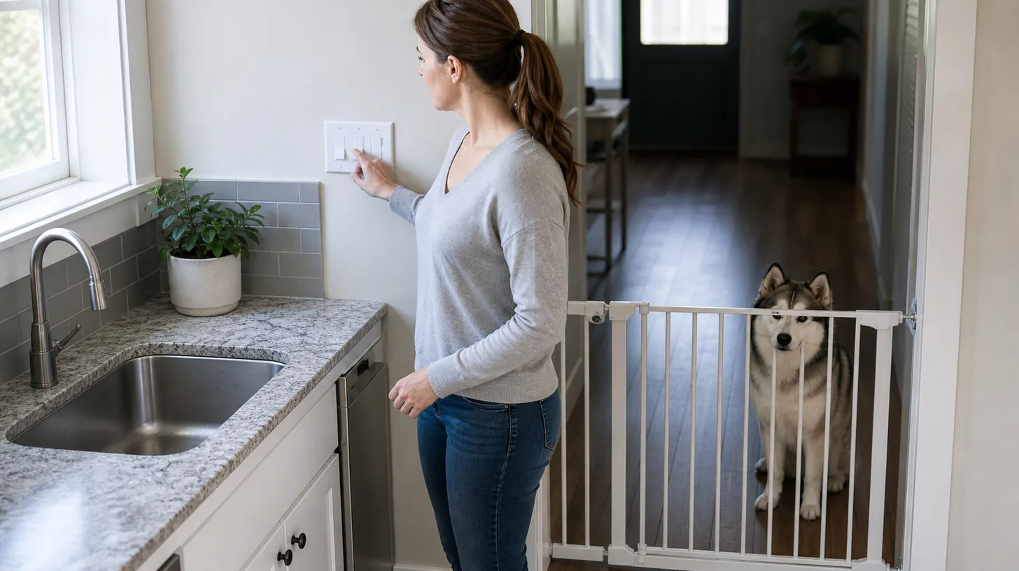 Pomsky secured behind a gate while a caregiver checks a clear kitchen sink from the opposite side