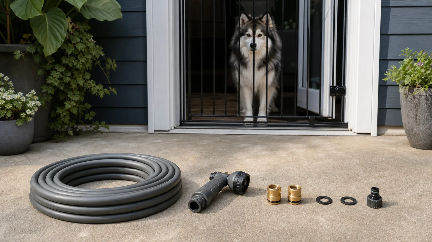 A drained hose, nozzle, couplings, washers and adapter are counted while a Pomsky waits behind a gate