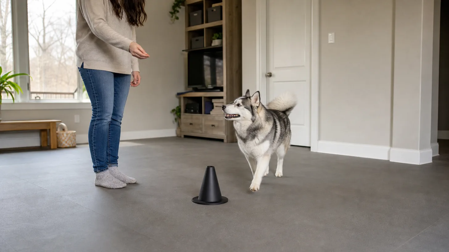 Pomsky moving voluntarily around one wide stable floor object
