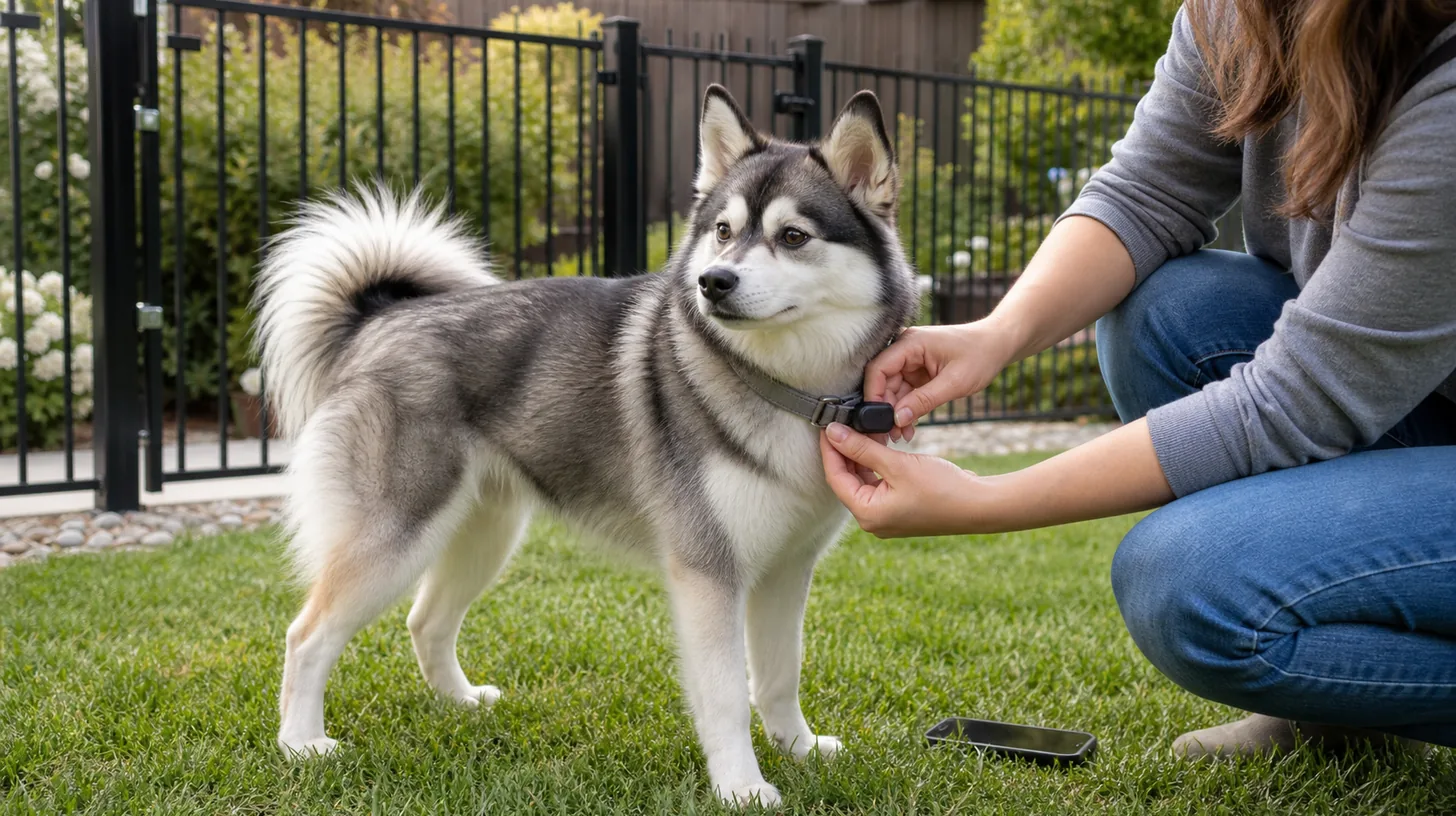 An adult checks a small GPS tracker attachment on a harnessed Pomsky