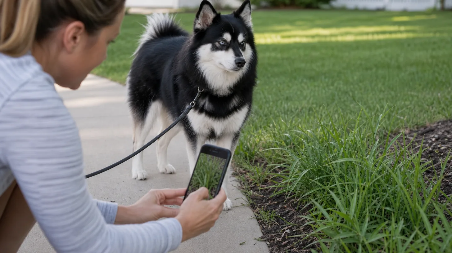 A Pomsky waits on a paved path while a caregiver photographs an unidentified grass patch