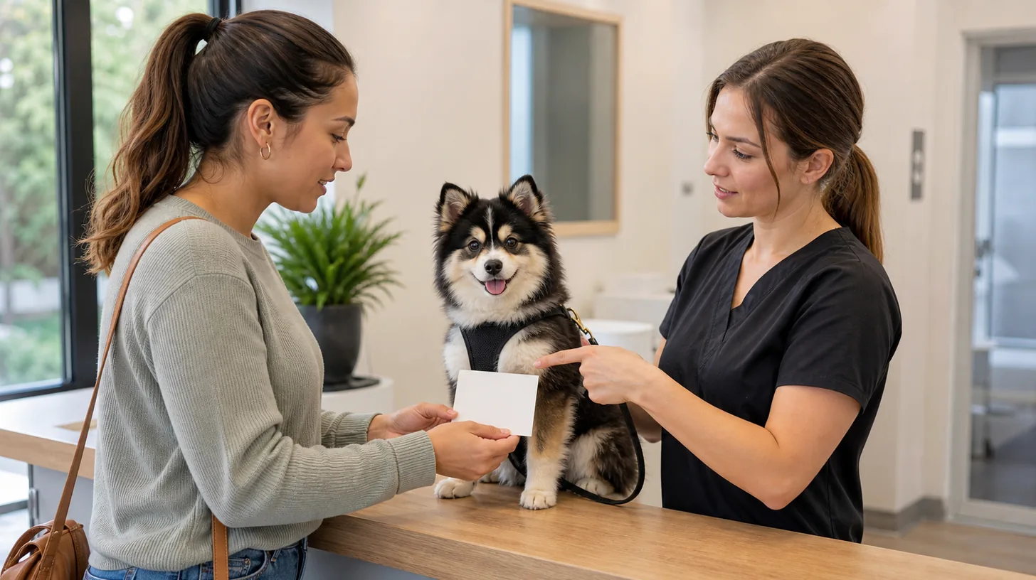 Caregiver and groomer reviewing a handoff card beside a relaxed Pomsky