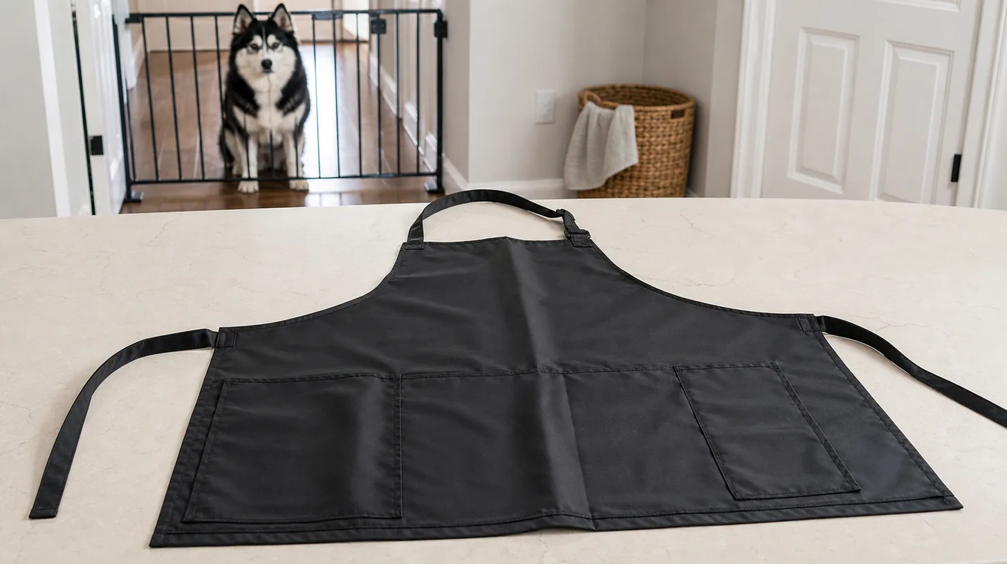 An empty grooming apron lies open to dry while a Pomsky waits behind a gate