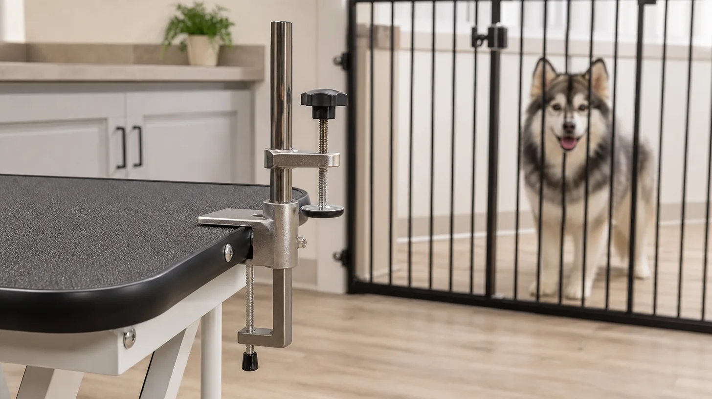 An unloaded grooming arm clamp is fixed to a protected table edge away from a gated Pomsky