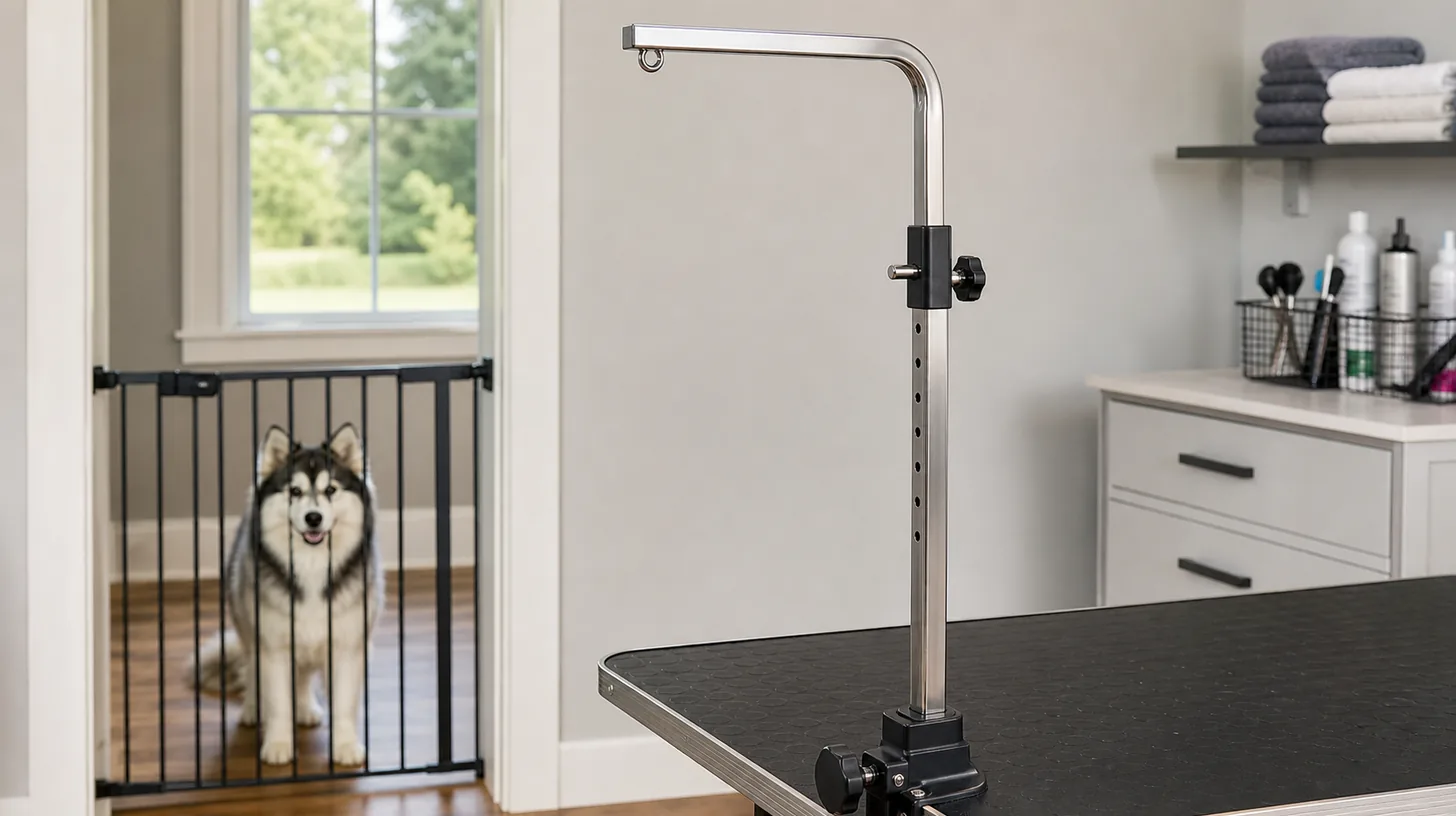 An unloaded grooming arm upright shows its height collar pin holes and knob away from a gated Pomsky