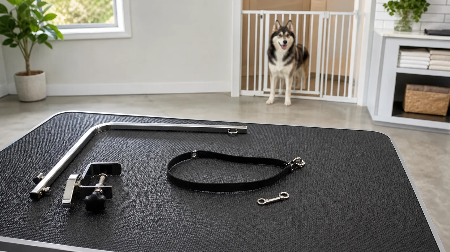 A grooming arm, clamp, loop and connector are inspected while a Pomsky waits behind a gate