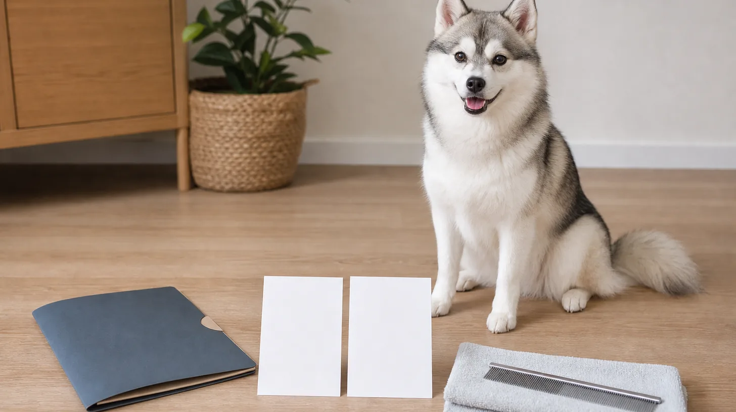 Relaxed Pomsky sits beside two blank photo cards a closed grooming folder clean comb and folded towel