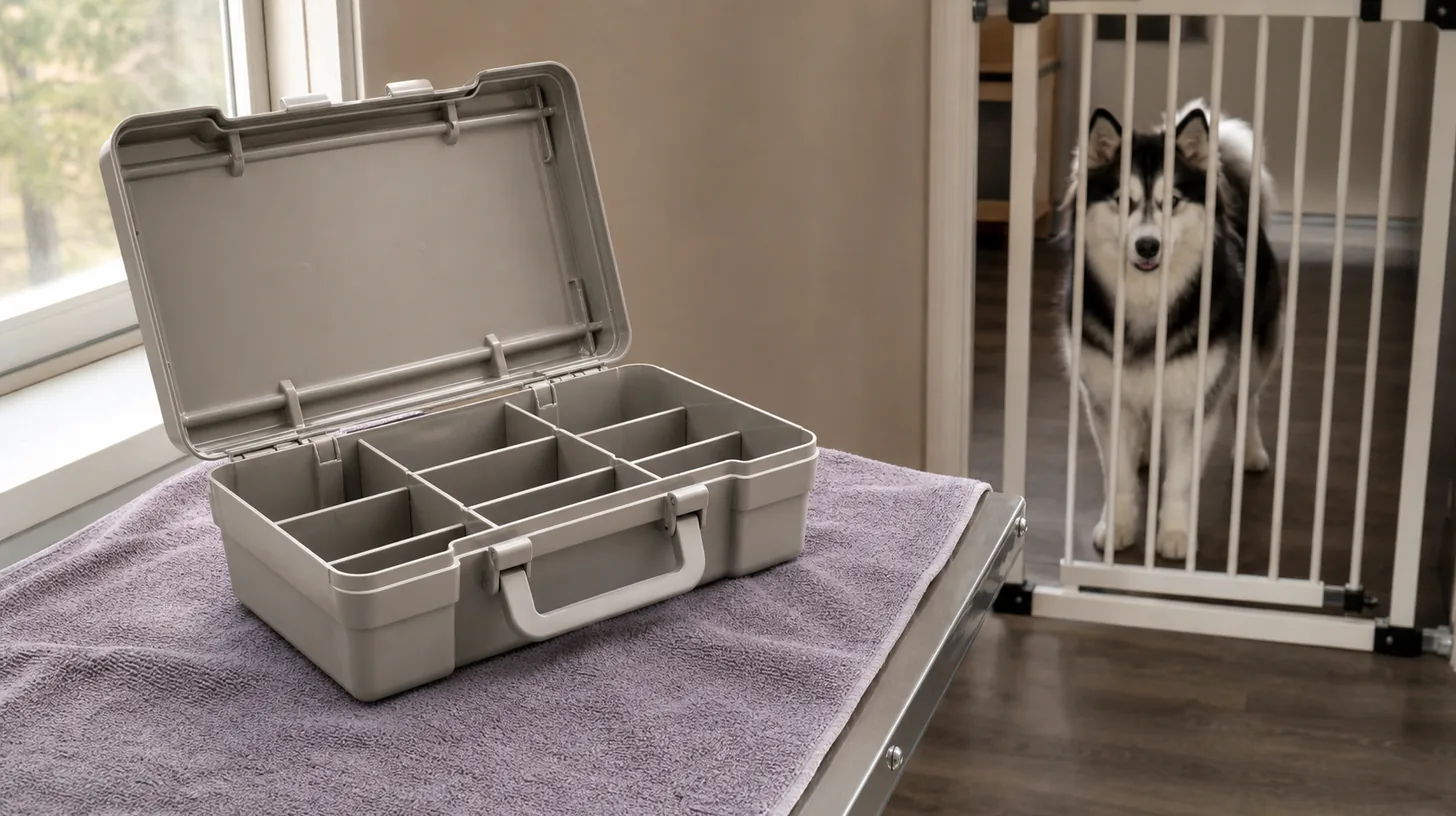 An empty open grooming caddy dries on a towel away from a gated Pomsky