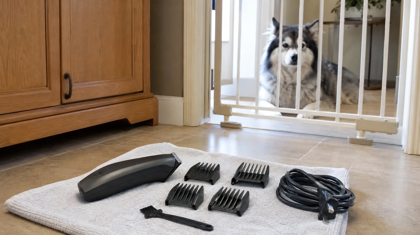 An unplugged grooming clipper, guards and dry brush rest on a towel while a Pomsky waits behind a gate