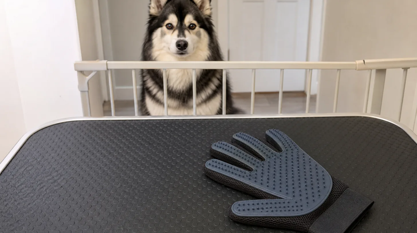 A clean textured grooming glove lies flat away from a gated Pomsky