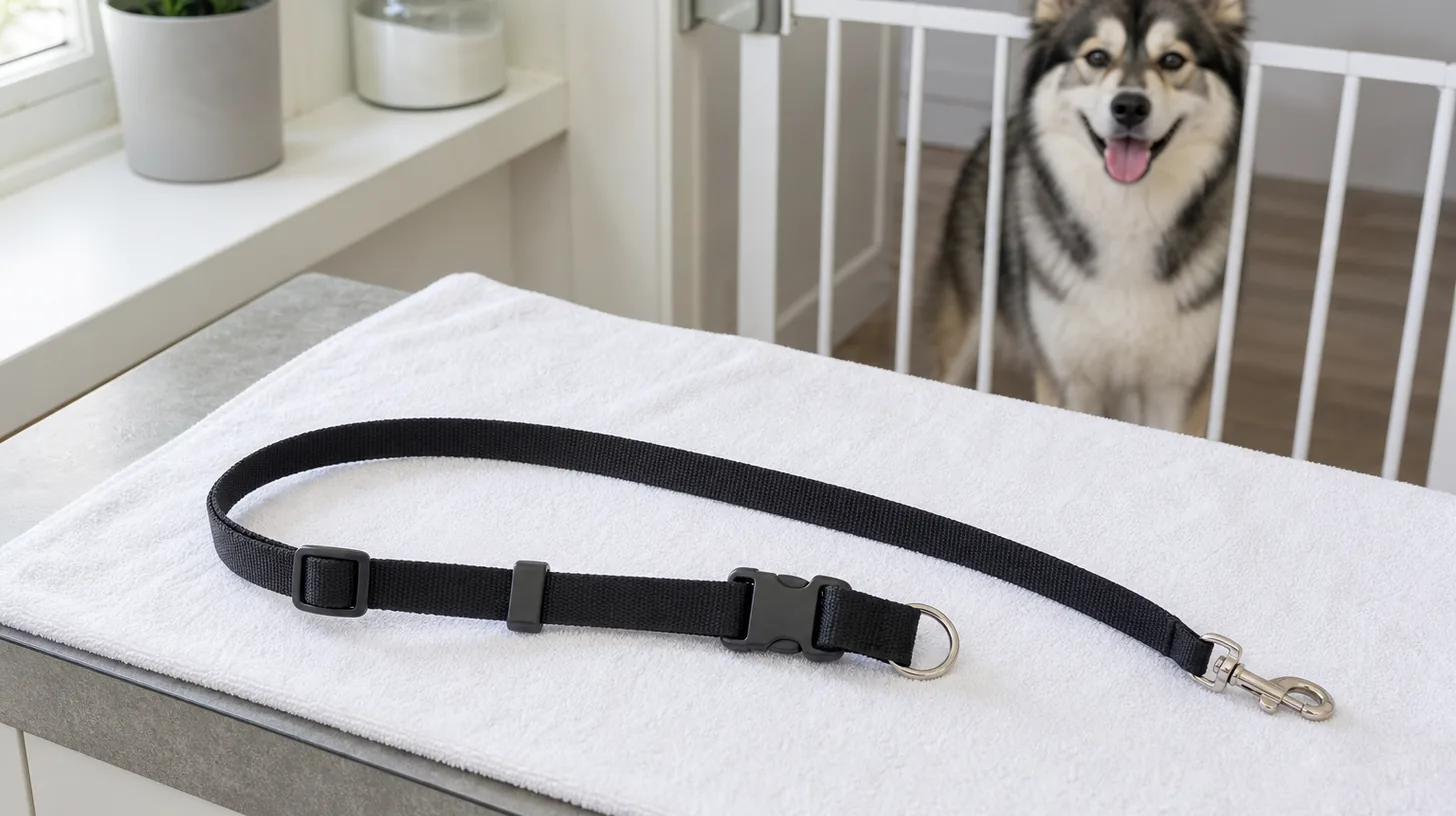 Unloaded grooming loop with webbing, slider, release, ring and clip visible