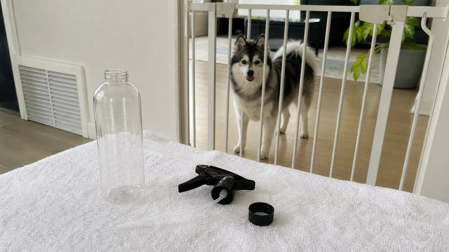 An empty mist bottle, trigger, cap and tube dry away from a gated Pomsky