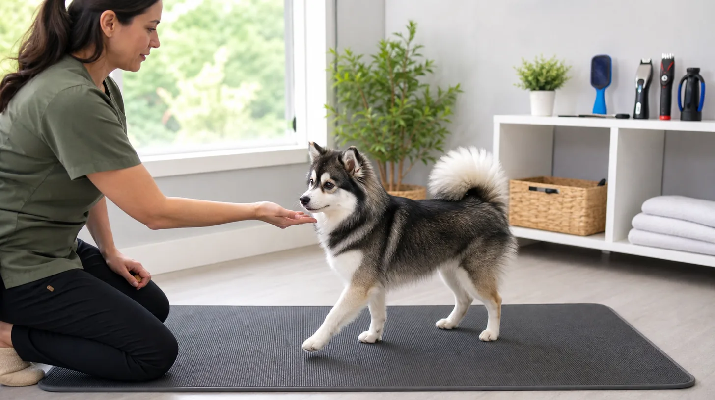 Pomsky voluntarily turns on a nonslip mat toward a caregiver's open hand target