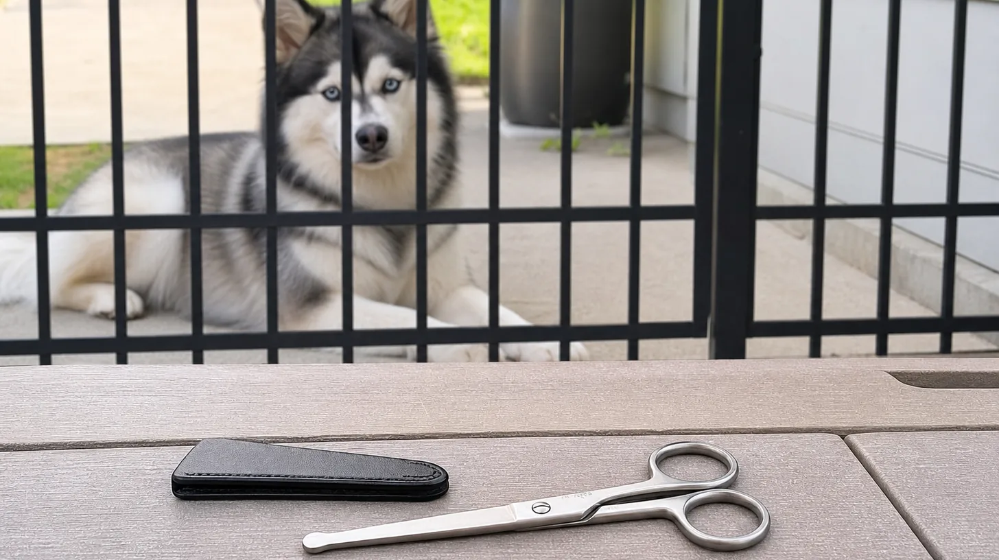 Closed round-tip grooming shears and an empty sheath rest away from a gated Pomsky