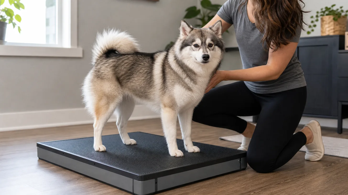 A Pomsky stands on a low nonslip grooming platform with an adult close beside it