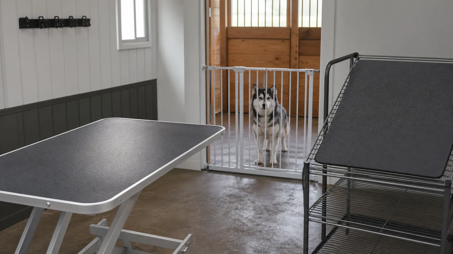 A grooming-table mat dries flat beside an empty table while a Pomsky waits behind a gate