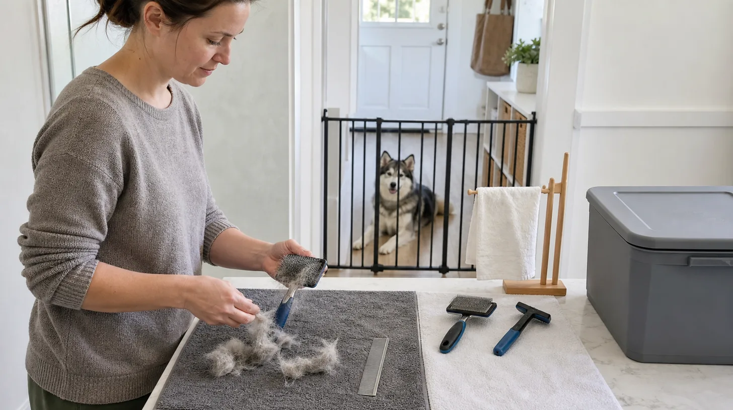 A caregiver removes loose coat from Pomsky brushes at a separated cleaning surface