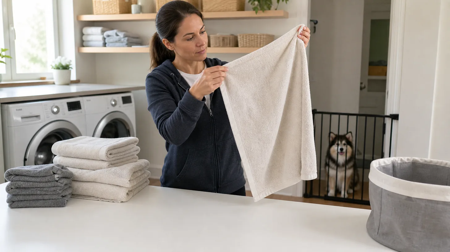 Caregiver inspects a clean dry grooming towel while a Pomsky waits behind a gate