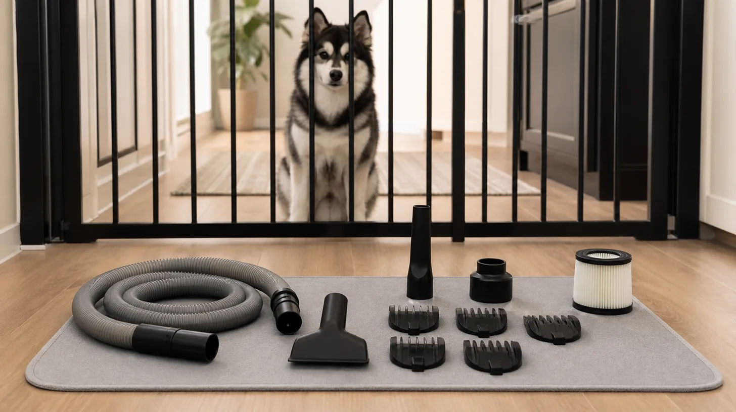 Clean grooming vacuum attachments, hose and filter dry on a mat away from a gated Pomsky
