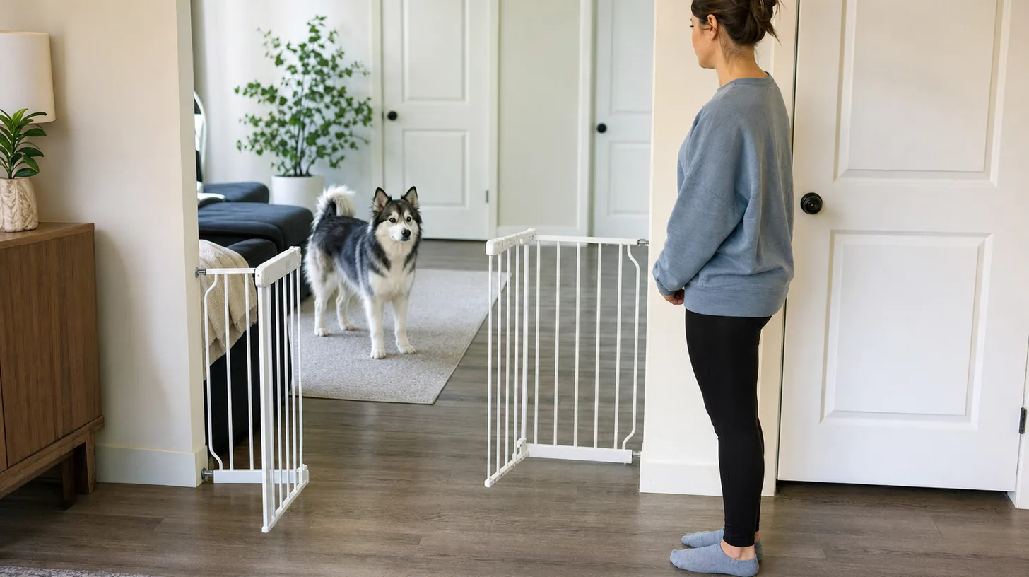 A calm Pomsky stands behind an open gate while a caregiver maintains distance