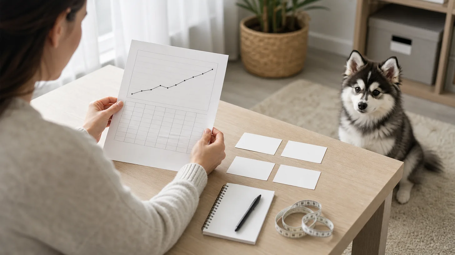 Caregiver reviews a blank Pomsky growth chart with source date units and method placeholders