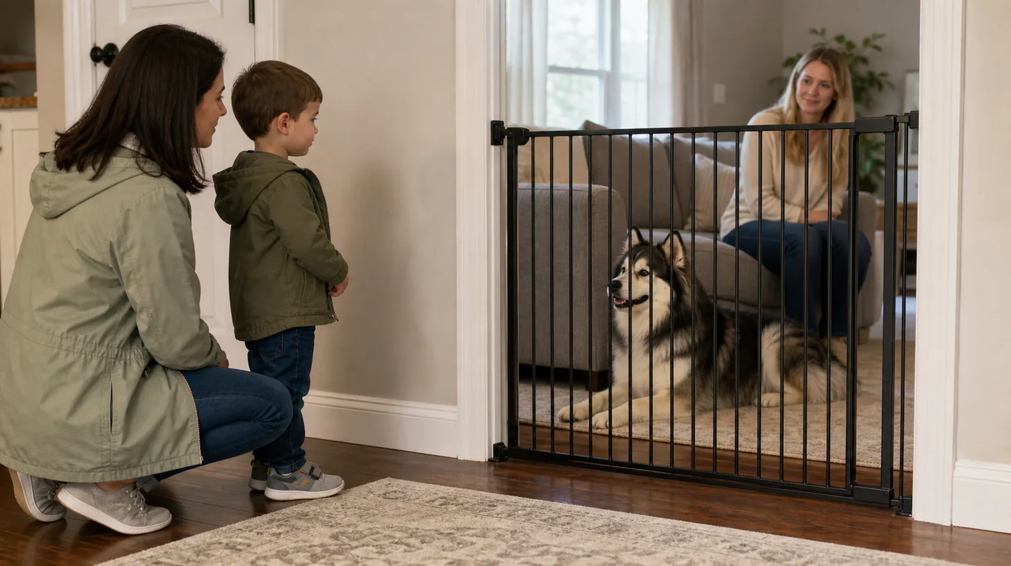 Visiting child and parent keep distance from a Pomsky behind a secure gate