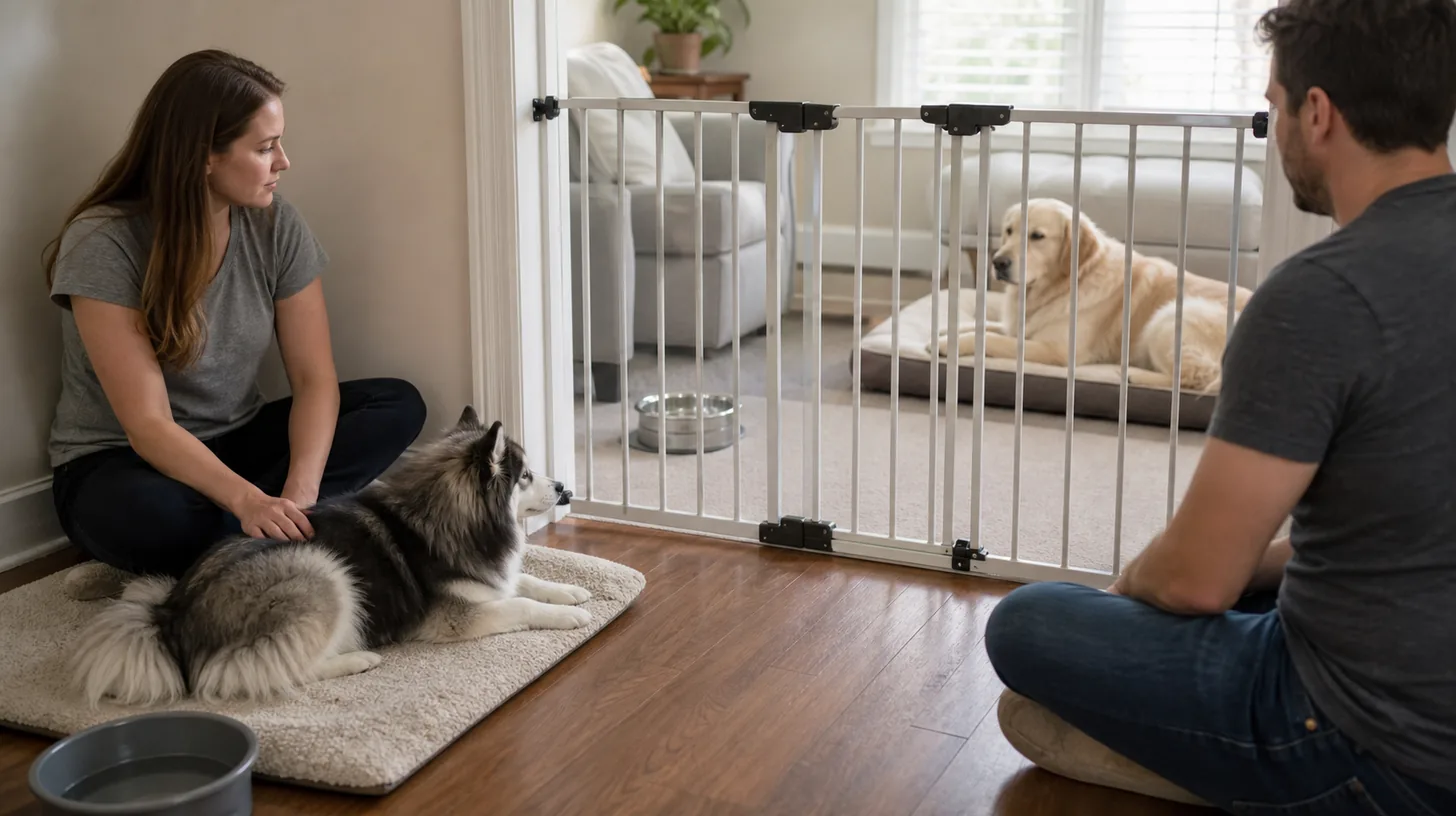 Pomsky and guest dog resting in separate gated rooms with two caregivers