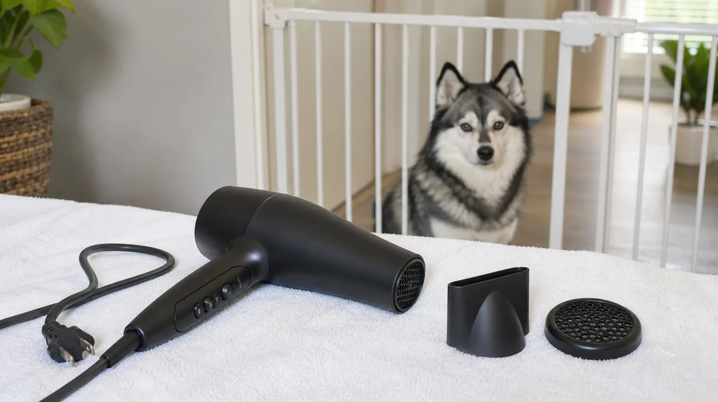 An unplugged hair dryer, nozzle and intake cover rest on a towel away from a gated Pomsky